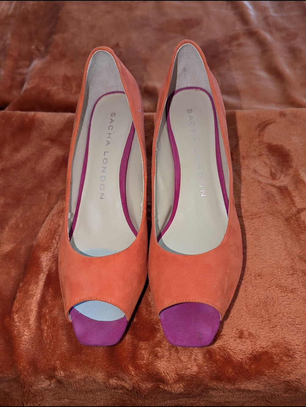 Sacha London Orange Suede Pumps with Fushia Toe Accent